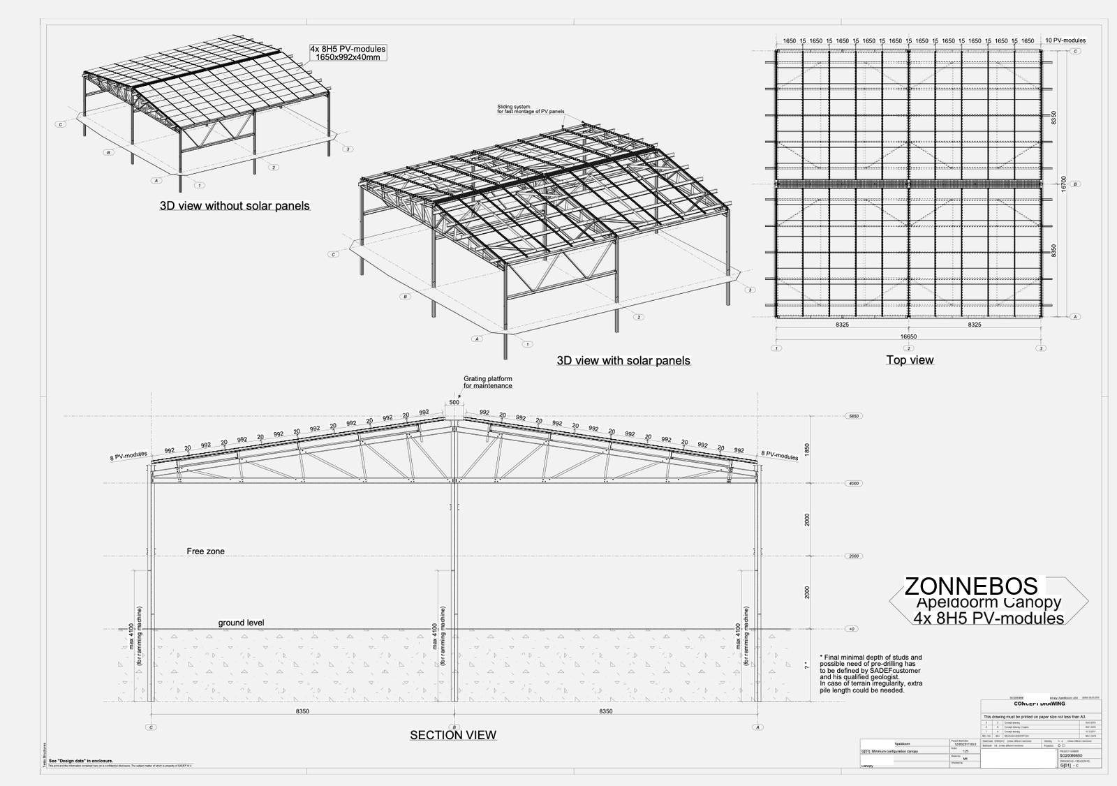 Engineeringtekening van de Zonnebos-constructie: 3D-aanzichten, bovenaanzicht en doorsnede